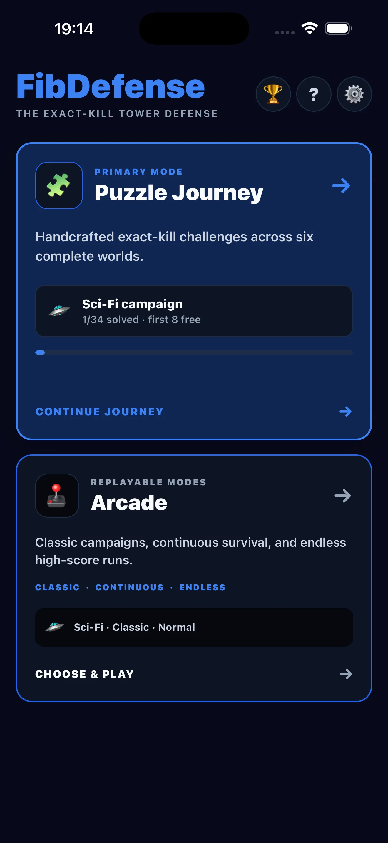 FibDefense home screen with focused Puzzle Journey and Arcade choices
