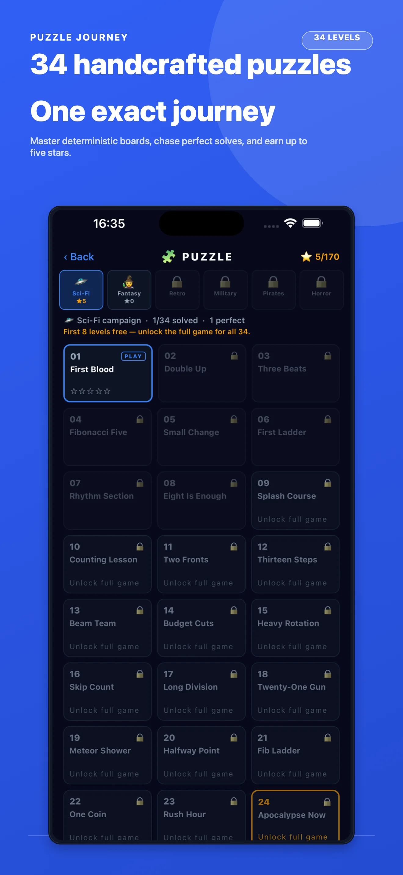 FibDefense Puzzle Journey level selection with 34 handcrafted levels
