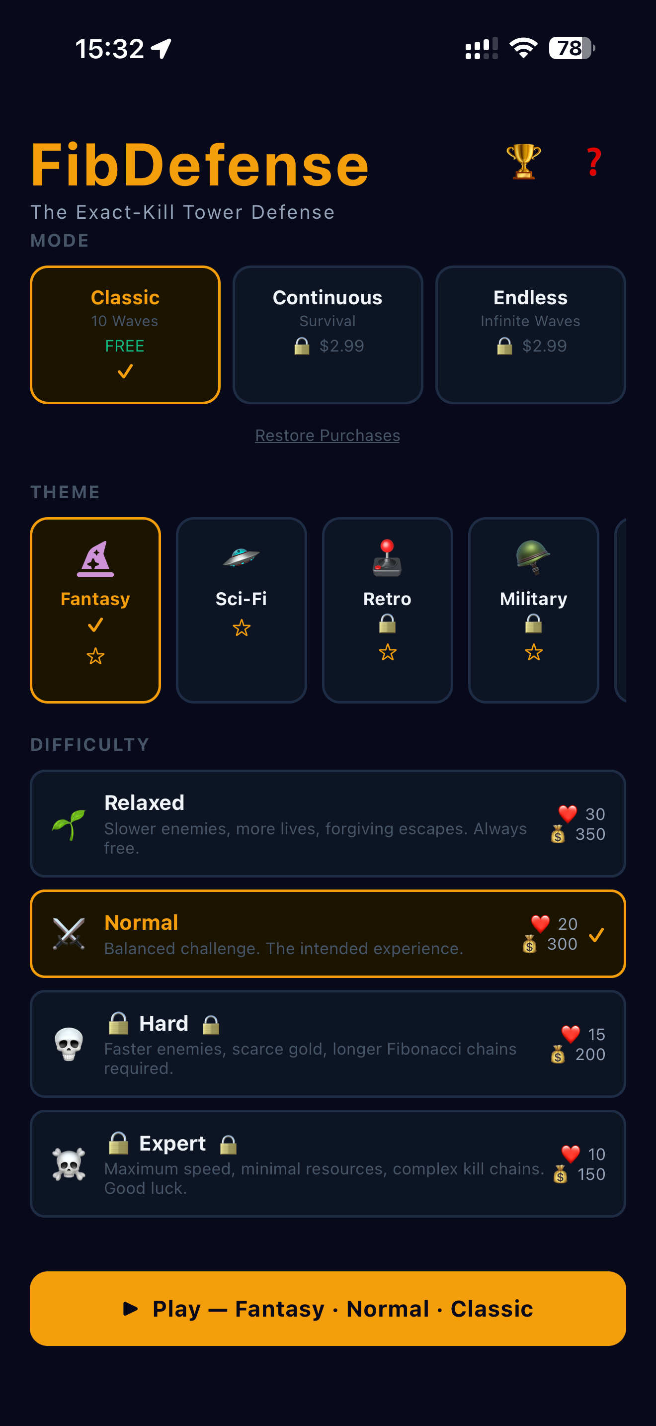 FibDefense home screen